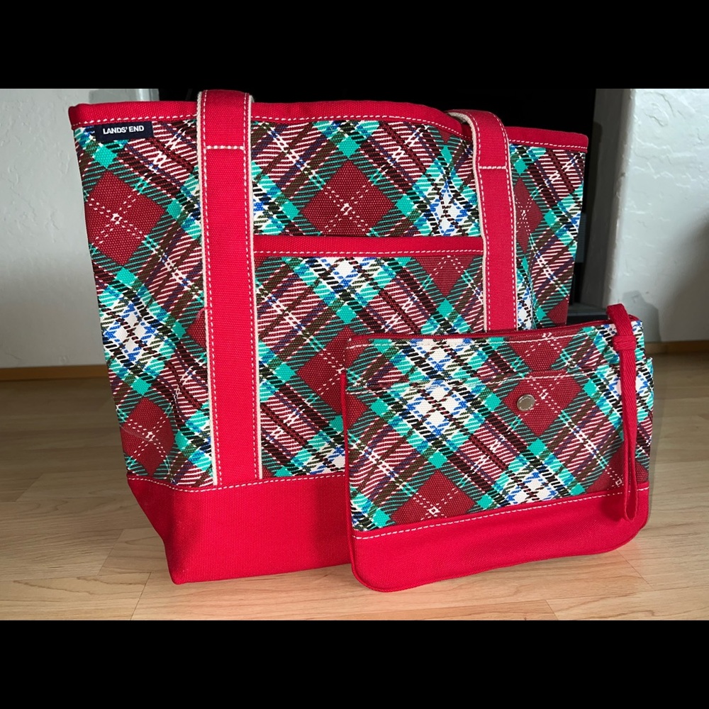 Lands’ End Teal and Red Tote w/ Matching Small Bag